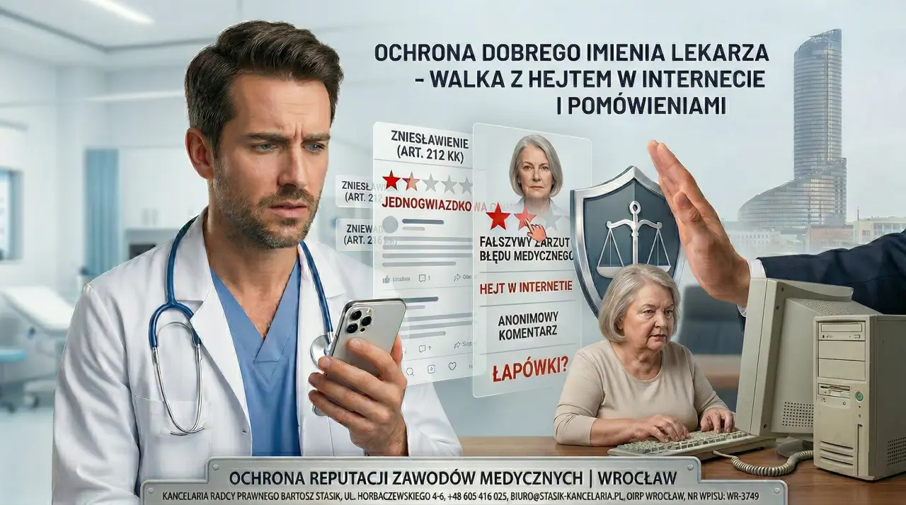 Zmartwiony lekarz czytający smartfon, przed hejtem i fałszywymi opiniami chroni go prawnicza tarcza z wagą sprawiedliwości. W rogu zaniedbana kobieta pisząca pomówienia na starym komputerze. W tle wrocławski Sky Tower oraz baner Kancelarii Radcy Prawnego promujący ochronę dóbr osobistych.